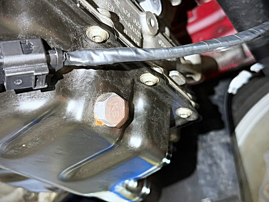 Oil pan and drain plug seen from under the car