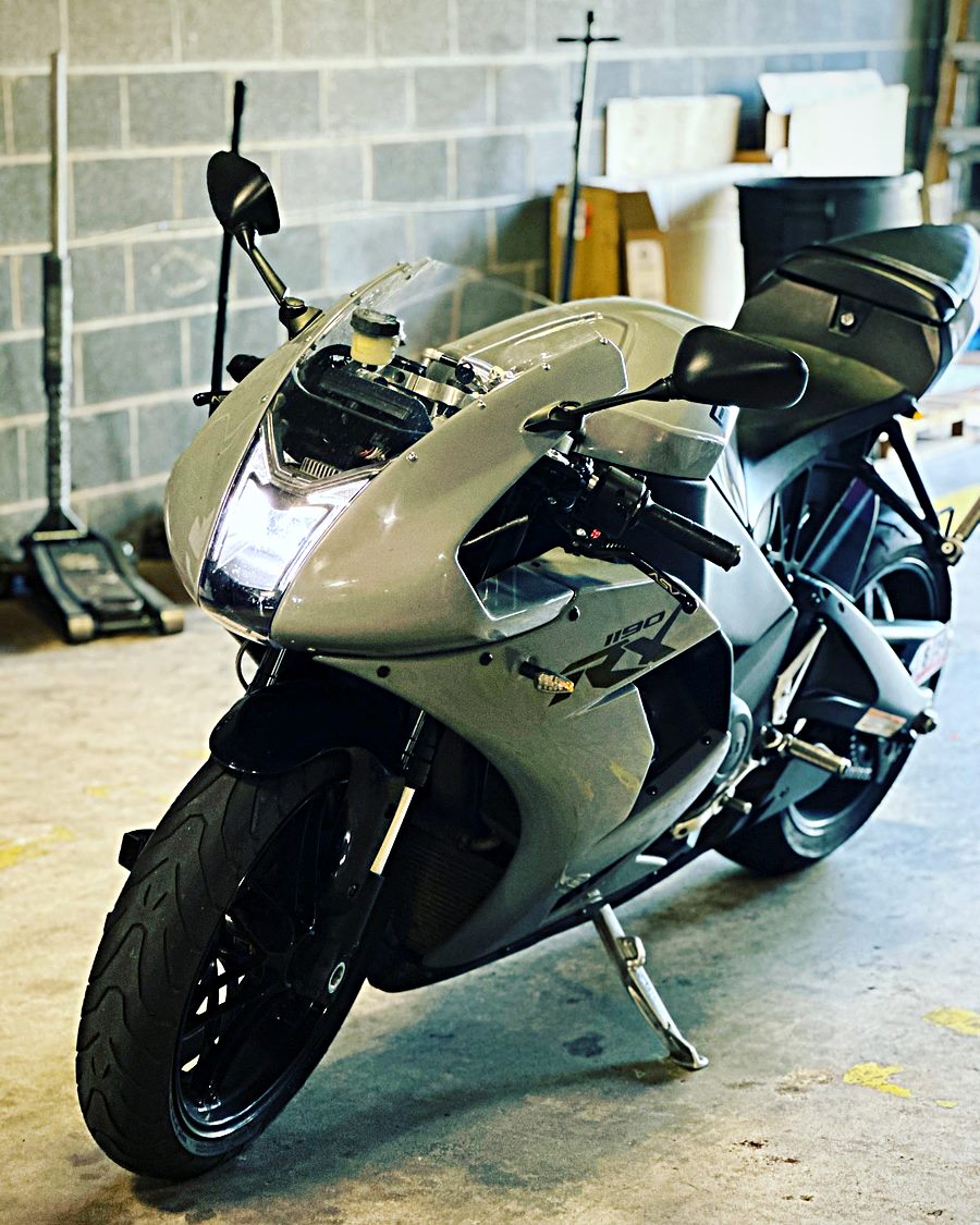 Gray Buell 1190RX sport bike in the shop for a Virginia state inspection